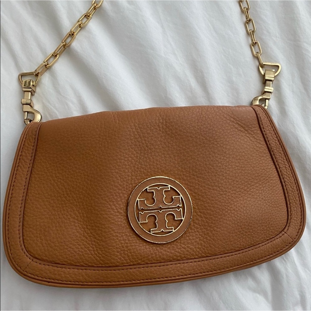 Tory Burch Cognac Leather Crossbody Shoulder Bag with Gold Chain